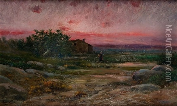 Paisaje Con Casa Y Campesina Oil Painting - Modesto Urgell y Inglada