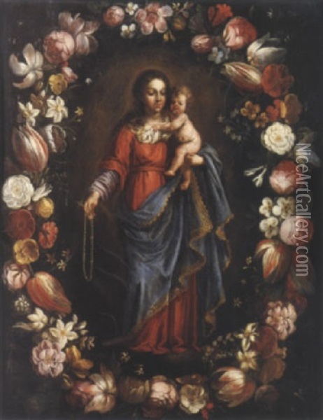 Vierge A L'enfant Dans Une Guirlande De Fleurs Oil Painting - Antonio Ponce