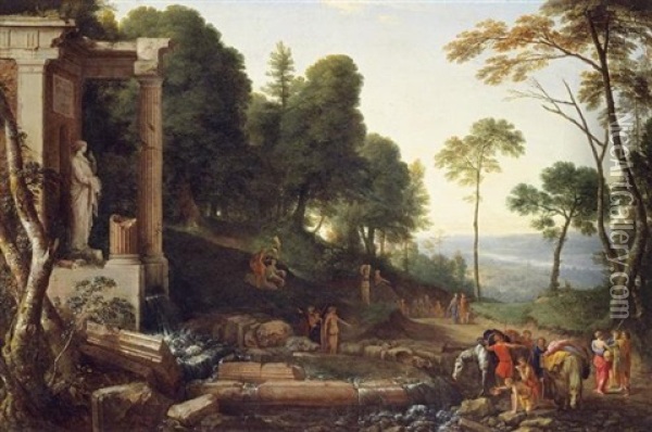 Landscape With Shepherds Watering Their Flocks Oil Painting - Laurent de (LaHyre) LaHire