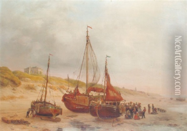 Numerous Fisherfolk And A Fishing Fleet Near Paviljoen Von Wied, Scheveningen In The Distance Oil Painting - Willem Troost the Younger