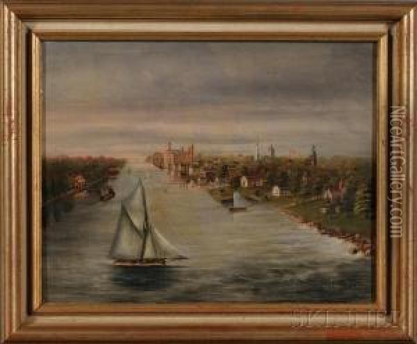 Mill Town On River, Probably In Rhode Island Oil Painting - Anna Belle Wing Kindlund