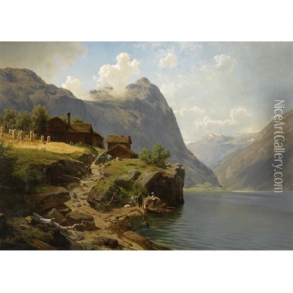 Mennesker I Fjellandskap - Figures In A Mountainous River Landscape Oil Painting - Johan Fredrik Eckersberg