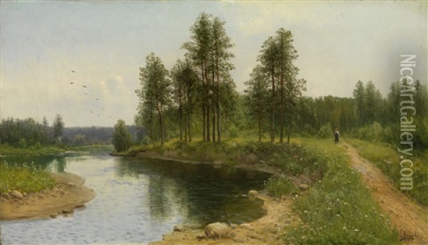 River Landscape With A Figure Oil Painting - Simeon Fedorovich Fedorov