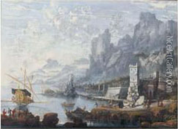 Cote Avec Pecheurs Et Vaisseau Sur Fond De Hautes Montagnes. Oil Painting - Jan Abrahamsz. Beerstraaten