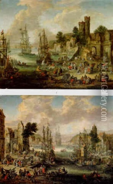 Harbor With Numerous Figures Oil Painting - Pieter Casteels the Younger