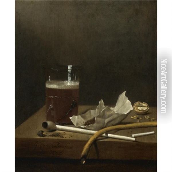 Still Life With A Glass Of Beer, A Pipe, Tobacco And Other Requisites Of Smoking Oil Painting - Jan van de Velde III