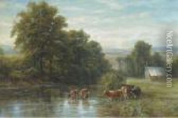 Cattle Watering, Summer Oil Painting - Edmund George Warren