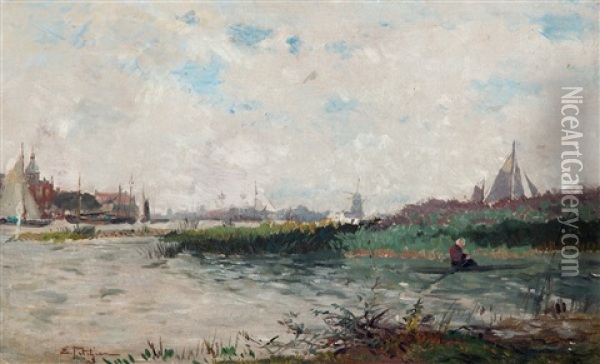 Roeier Voor De Stad Dordrecht Oil Painting - Edmond Marie Petitjean