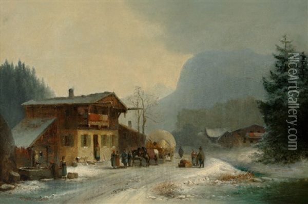 Winterliche Berglandschaft Mit Alter Strase Und Lebhaftem Treiben Vor Einem Gutshof Oil Painting - Anton Doll