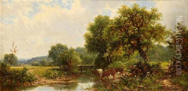 Cows Watering By A Stream Oil Painting - Worthington Whittredge