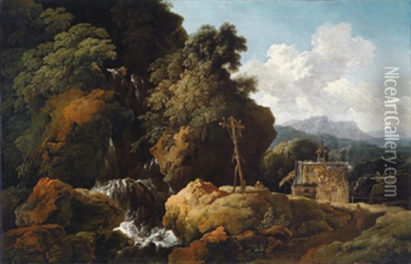 Bewaldete Berglandschaft Mit Einer Waldkapelle An Einem Wasserfall Mit Einem Betenden Eremiten Vor Einem Kreuz Mit Den Marterwerkzeugen Christi Oil Painting - Christian Wilhelm Ernst Dietrich