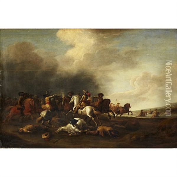 Ryttarbatalj Oil Painting - Jan Jacobsz van der Stoffe