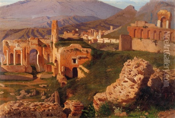 Il Teatro Greco Di Taormina (2 Works) Oil Painting - Alessandro la Volpe