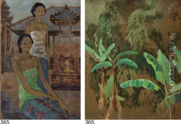 (i) Two Balinese Ladies (ii) Jungle Village Scene Oil Painting - Czeslaw Mystkowski