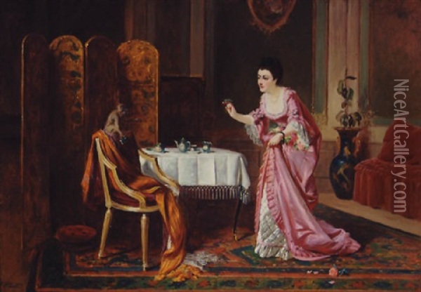 The Tea For Two - A Lady And Her Monkey Oil Painting - Edward Charles Barnes