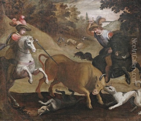 Reiter Bei Der Stierjagd (+ Reiter Bei Der Wildschweinjagd; Pair) Oil Painting - Jan van der Straet (Stradanus)