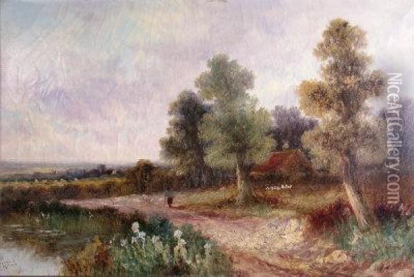 A Figure In A Wooded Landscape With Distant Cottage Oil Painting - M. Hall