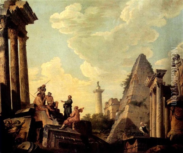 An Architectural Capriccio With Trajan's Column, The        Pyramid Of Cestia, Other Ruins And Figures. Oil Painting - Giovanni Paolo Panini