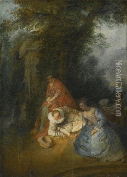 Pierrot With Three Women In A Park Oil Painting - Nicolas Lancret