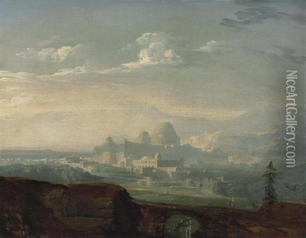 An Extensive Mountainous Landscape With A Classical City Oil Painting - John Martin