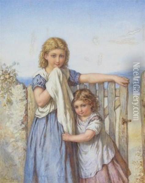 Two Girls By A Gate Oil Painting - Agnes Rose Bouvier