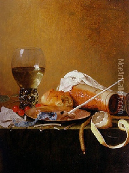 A Roemer, An Upturned Flagon, A Pewter Plate, A Clay Pipe And Other Objects On A Draped Ledge Oil Painting - Jan Davidsz De Heem