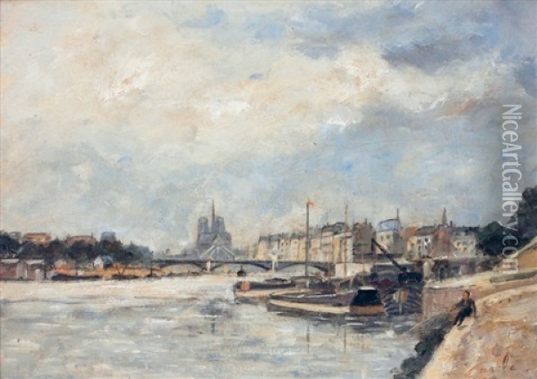 La Seine A Paris Oil Painting - Alfred Casile