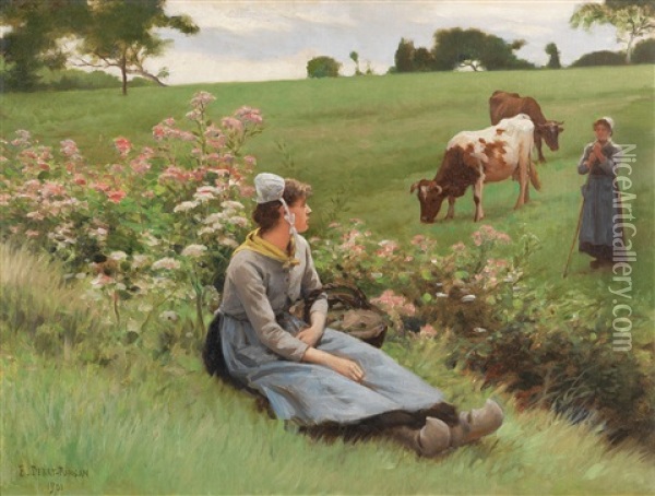 Resting In The Field Oil Painting - Edouard Bernard Debat-Ponsan