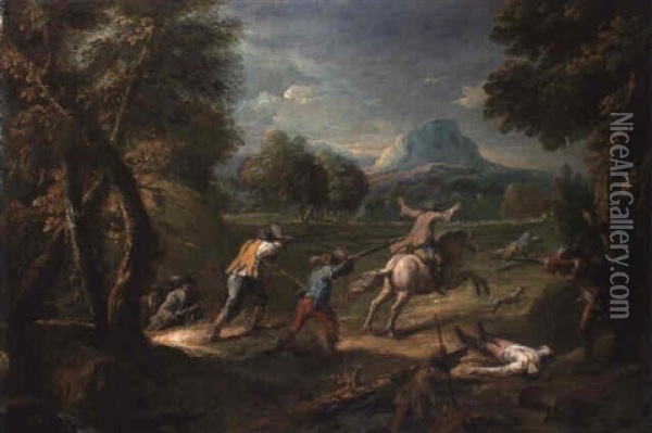 An Ambush In A Wooded Landscape Oil Painting - Antonio Diziani