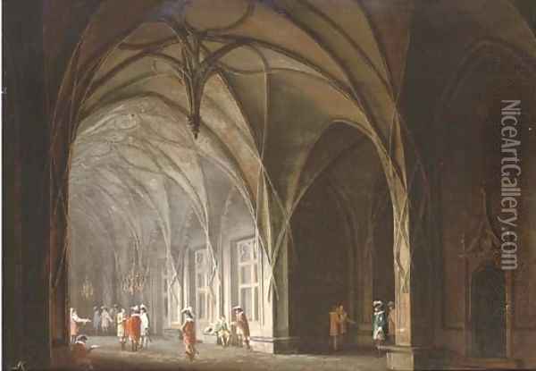 Cavaliers conversing in a gothic atrium; and A prisoner in a dungeon Oil Painting - Josef Platzer