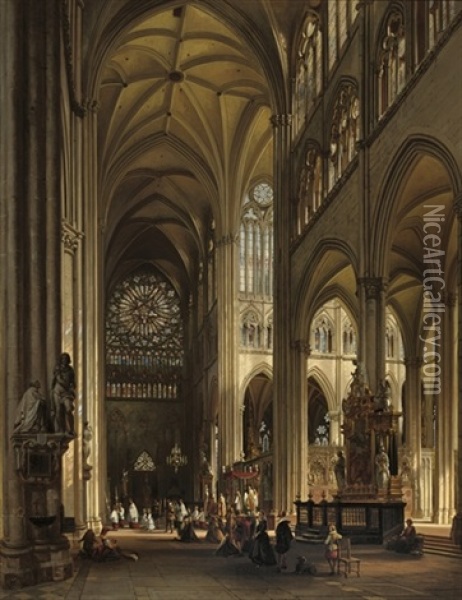 Interior Of The Amiens Cathedral With The Northern Transept Rose Oil Painting - Jules Victor Genisson