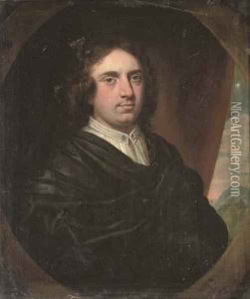 Portrait Of Sir Humphrey Fynch, 
Half-length, In A Dark Green Robe And White Shirt, A Curtain And 
Landscape Beyond, In A Feigned Oval Oil Painting - John Riley