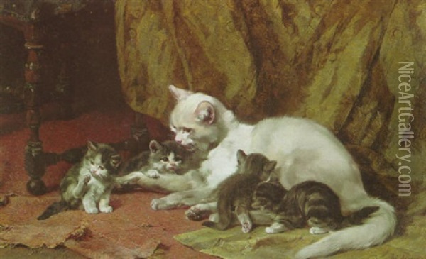 Katze Mit Vier Jungen Auf Einem Alten Teppich Vor Einem Vorhang Oil Painting - Julius Adam the Younger