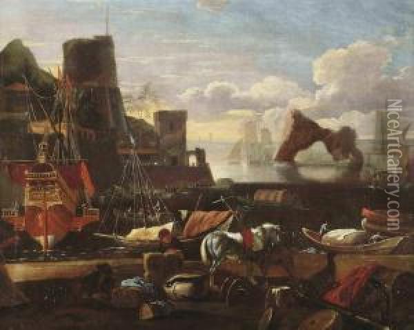 An Italian Harbour Scene With Figures And Goods On A Quay In The
Foreground Oil Painting - Adriaen Van Der Kabel