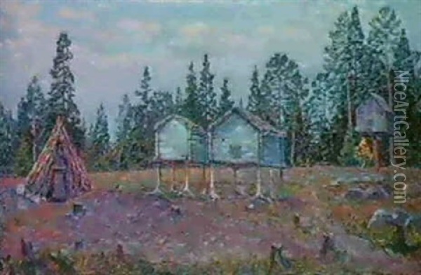 Norrlandskt Landskap Med Kata Och Fabodar Oil Painting - Carl (August) Johansson
