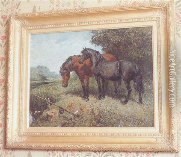 Ponies On A Riverbank Standing By A Rod And Creel Oil Painting - John Emms