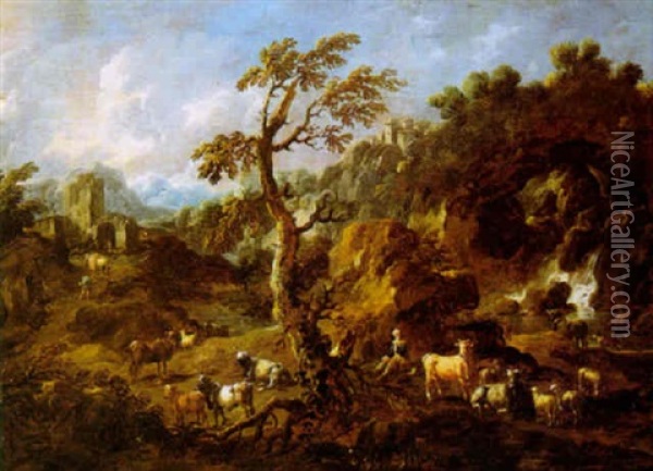 Paesaggio Fluviale Con Rovine E Viandanti Oil Painting - Johann Heinrich Roos