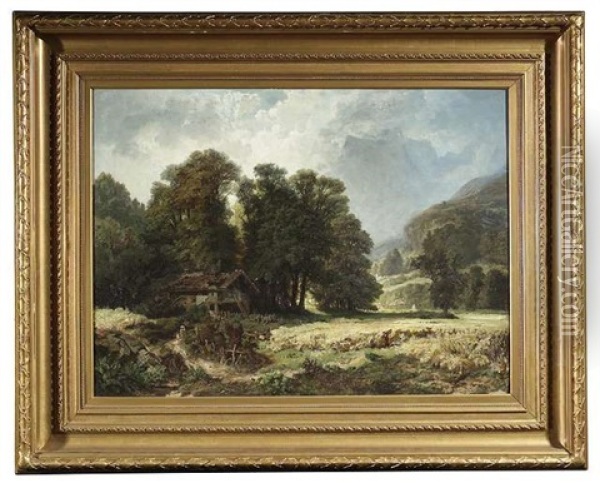 Ramsau Bei Rosenheim, Bayern. Im Vordergrund Ein Bauernhof Am Feldrand Unter Hohen Baumen Oil Painting - Anton Brioschi