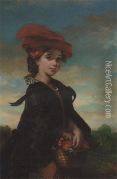 Portrait Of A Young Lady In A Brown Striped Dress And Red Hat, Holding A Basket Of Flowers Oil Painting - Thomas Musgrave Joy