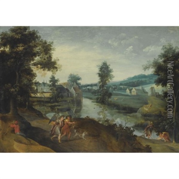 A Wooded Landscape With Scenes From The Story Of Tobias And The Angel Oil Painting - Claes Dircksz van der Heck