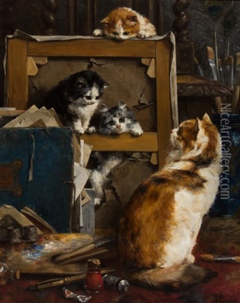Cats At Studio, 1895 Oil Painting - Charles van den Eycken