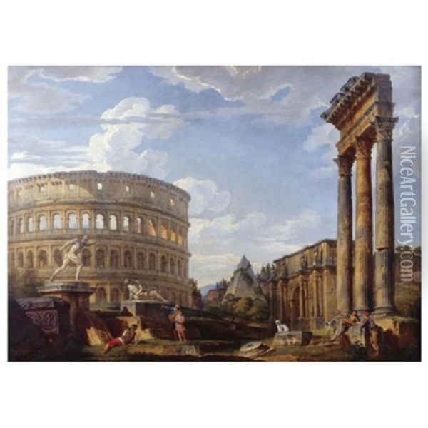 An Architectural Capriccio With The Colosseum And The Arch Of Constantine Oil Painting - Giovanni Paolo Panini