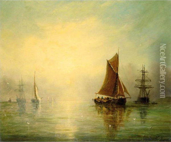 Fishing Boats In A Calm Oil Painting - Adolphus Knell