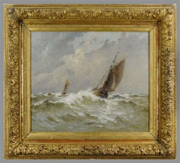 Untitled (seascape Of Two Sailing Ships In Turbulent Seas With The Sun Breaking Through The Clouds) Oil Painting - Emile Maillard