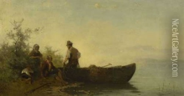 Fischerfamilie Am Ufer Des Chiemsees Oil Painting - Julius Noerr