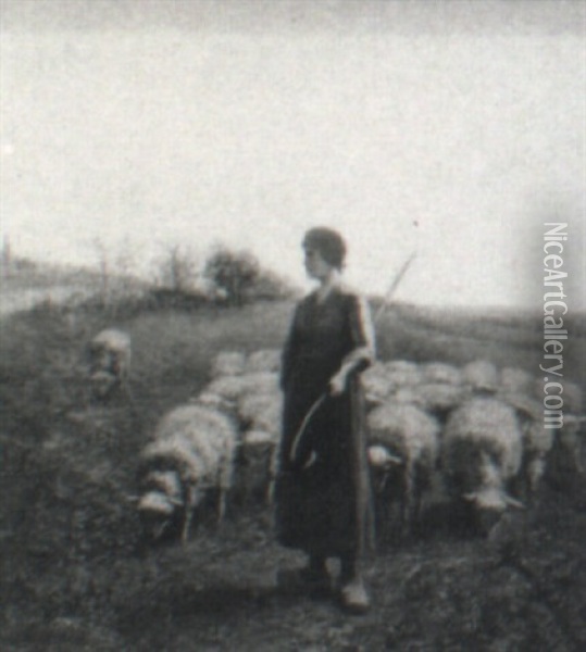 Shepherdess In A Landscape Oil Painting - Aime Perret