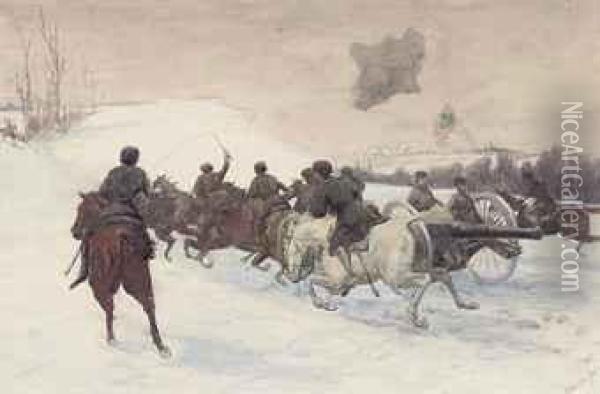 Russian Artillery Charging Through The Snows Of East Prussia Oil Painting - Adrian Jones