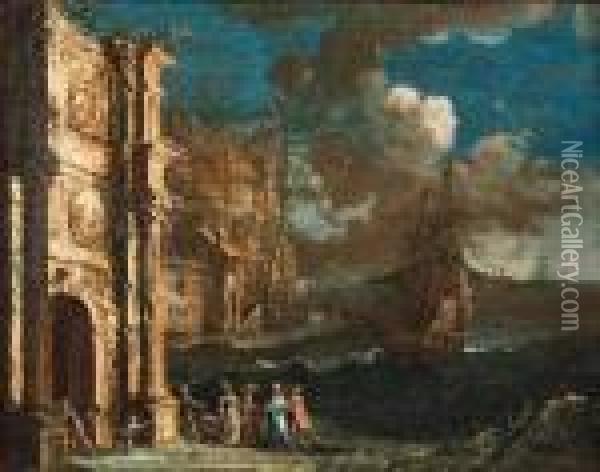 Capriccio Architettonico Di 
Rovine Antiche, Con Una Porta Diroccatadi Ordine Corinzio Ornata Da Vari
 Rilievi Marmorei, Presso Unacosta Mediterranea Con Astanti In Costumi 
Galanti Ed Un Velieroalla Fonda Oil Painting - Gherardo Poli