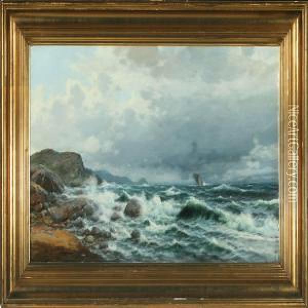 Norwegian Coastalscenery With A Sailboat At Sea Oil Painting - Olaf Nordlien