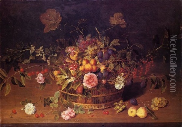 Corbeille De Fruits Et De Fleurs Posee Sur Un Entablement Oil Painting - Jacob van Hulsdonck